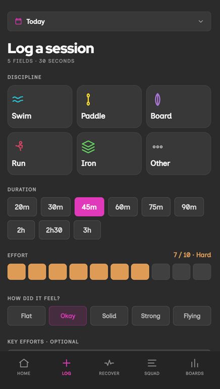 Slipstream log screen: discipline grid, duration chips, effort meter and feel pills