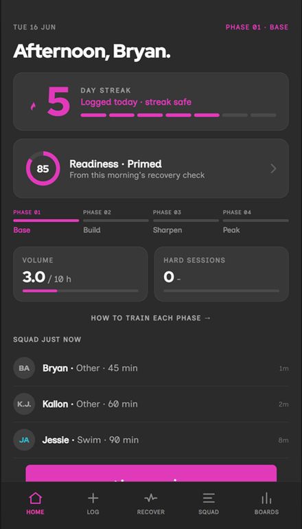 Slipstream home screen: streak, readiness ring, phase timeline and squad feed